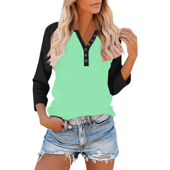 Ayfxijin Fall Tops for Women,Women's Tops Button V-neck Three Quarter Sleeve Raglan T-shirt Loose Top