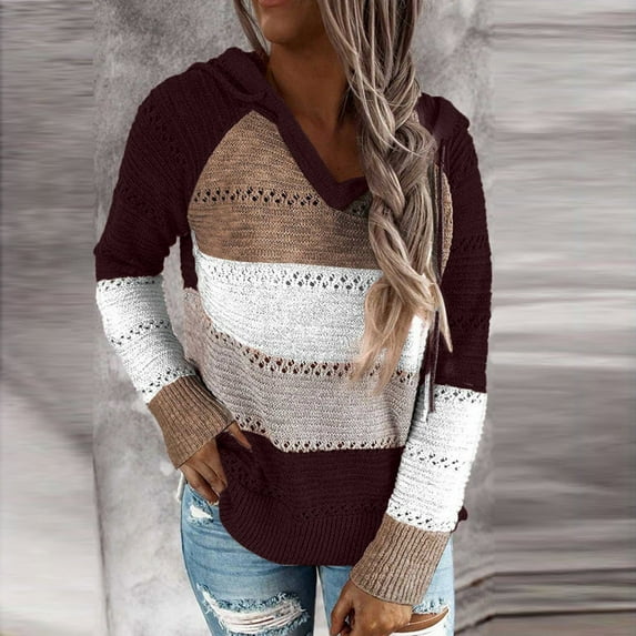 Ayfxijin Fashion Women Hoodies Pullover Casual Patchwork V-Neck Long Sleeves Hooded Sweater Blouse Tops