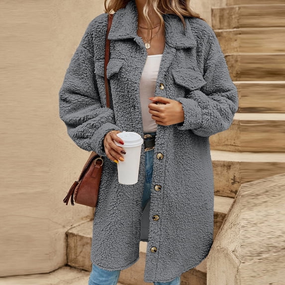 Ayfxijin Fleece Jacket Women Lapel Casual Long Sleeve Button Long Coat Tops Blouse Coat Outwear
