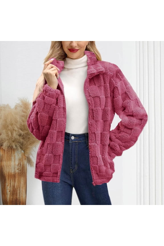 Fleece Jacket Women,Women's Winter High Collar Long Sleeve Loose Iron Button Plain Coat Without Hat Jacket
