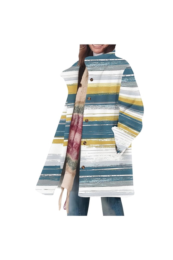 Fleece Jacket Women,Womens Cardigan Casual Warm Clothing Winter Daily Print Collar Button Long Sleeved Jacket