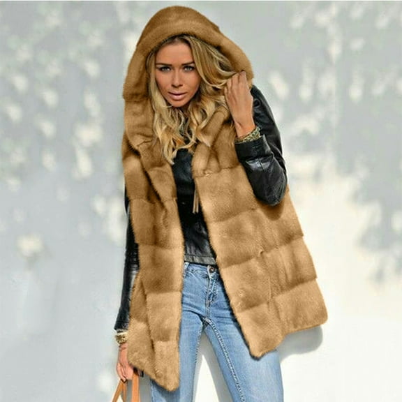 Ayfxijin Fleece Jacket Womens Faux-FurGilet Sleeveless Waistcoat Body Solid Color Hooded Coat Outwear