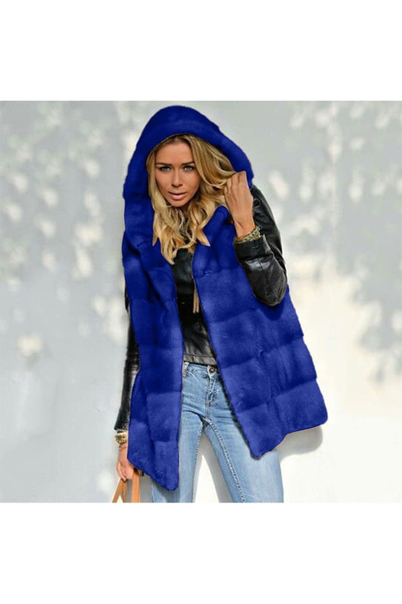 Fleece Jacket Womens Faux-FurGilet Sleeveless Waistcoat Body Solid Color Hooded Coat Outwear