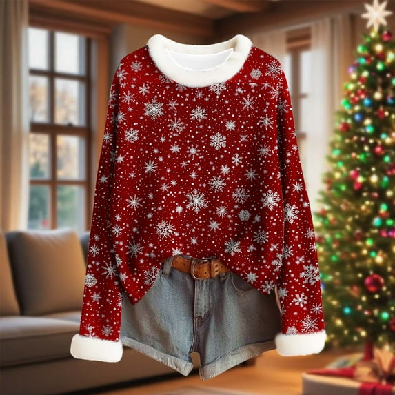 Ayfxijin Fleece Pullover Women,Women's Winter Christmas Printed Long Sleeved Coarse Woven Stripe O-Neck Pullover Top