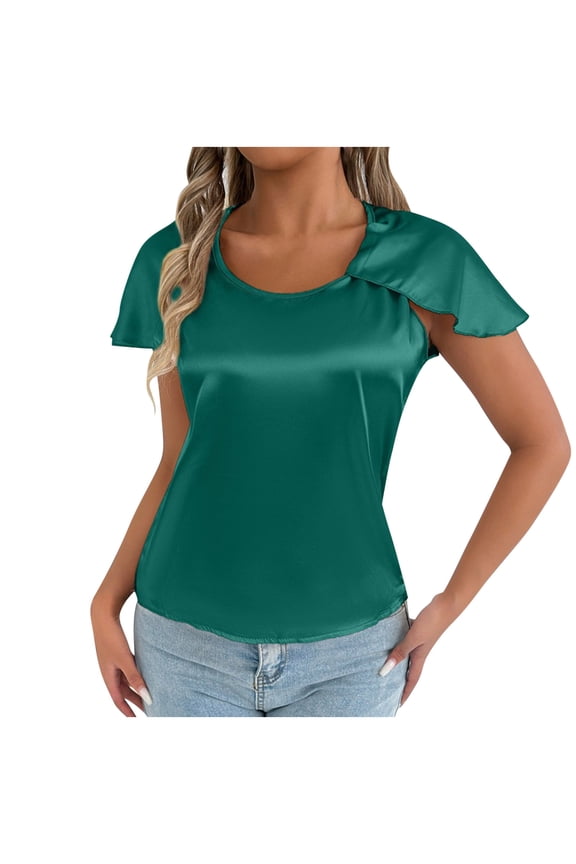 Flutter Sleeve U Neck Slim Tee, Women's Solid Fitted Everyday Summer Blouse