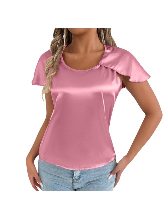Flutter Sleeve U Neck Slim Tee, Women's Solid Fitted Everyday Summer Blouse