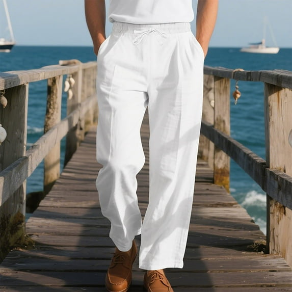 Ayfxijin Leggings for Men，Men's Casual Solid Color Elastic Waist Drawstring Beach Wide Leg Pocket Pants