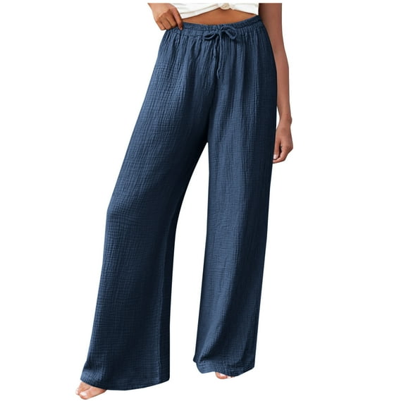 Ayfxijin Linen Pants Women,Women's Summer Solid Elastic Waist Cotton Linen Casual Wide Leg Pants