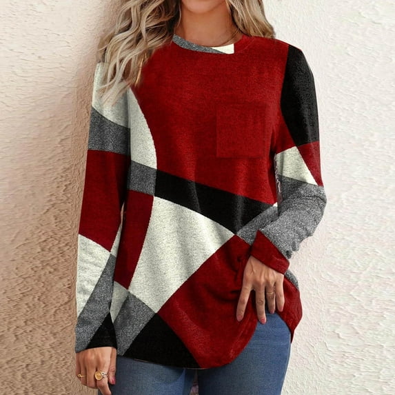 Ayfxijin Long Sleeve Shirts for Women,Women's Color Blocked Printed Long Sleeved T-shirt Round Neck Top