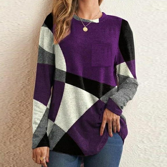 Ayfxijin Long Sleeve Shirts for Women,Women's Color Blocked Printed Long Sleeved T-shirt Round Neck Top