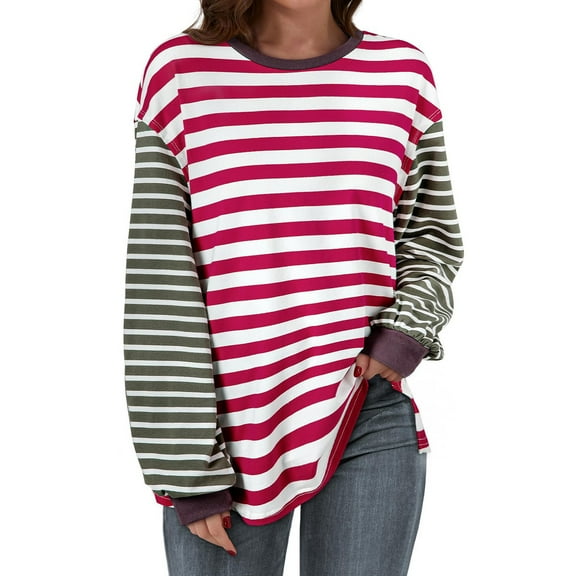 Ayfxijin Long Sleeve Shirts for Women,Women's Long Sleeved Top Striped T-shirt Loose T-shirt Round Neck Top/shirt