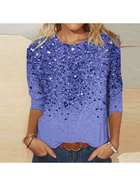 Long Sleeve Shirts for Women,Women's Loose Mid-Length 3/4 Sleeve Bright Glitter Printed O-Neck Top T-Shirt