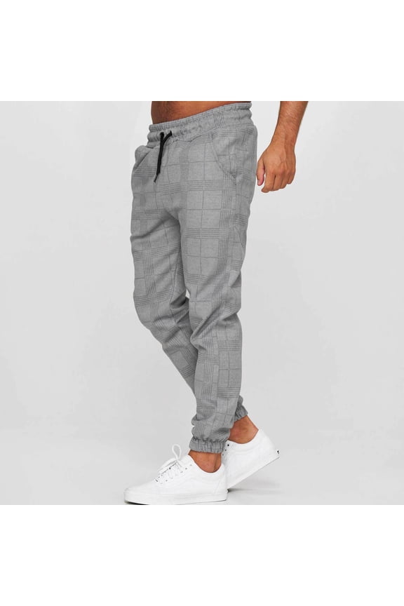 Man Work Pants Checkered Printed Sports Casual Drawstring Ankle Pants