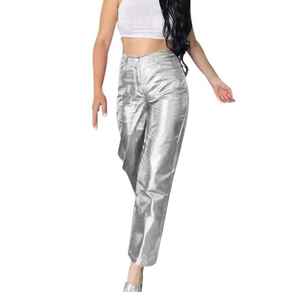 Ayfxijin Pants for Women Faux Leather Pants High Waisted Straight Leg Shinny Trousers Workout Pants With Pockets