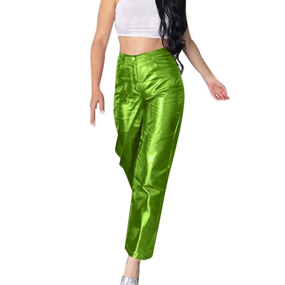 Ayfxijin Pants for Women Faux Leather Pants High Waisted Straight Leg Shinny Trousers Workout Pants With Pockets