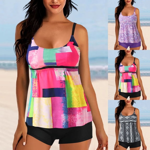 Ayfxijin Printed High Waist Conservative Tankini for Women - Two Piece Bathing Suit S-XXL