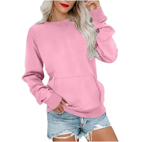 Ayfxijin Pullover Sweaters for Women,Women's Fashion Solid Loose Round-Neck Long Sleeve Pocket Blouse Sweater