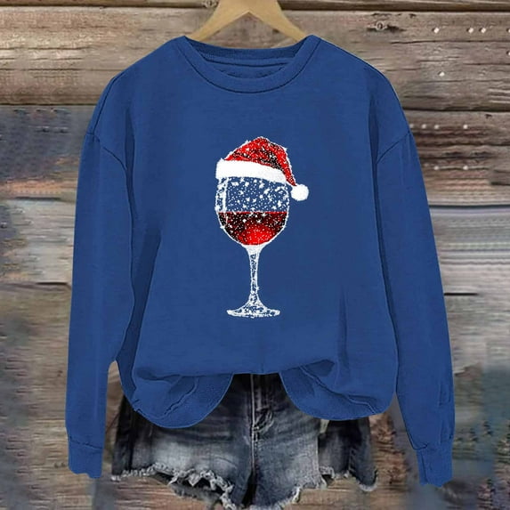 Ayfxijin Pullover Sweaters for Women,Women's Pullover Christmas Red Wine Glass Print Long Sleeve O-Neck Sweatshirts
