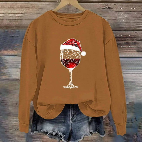 Ayfxijin Pullover Sweaters for Women,Women's Pullover Christmas Red Wine Glass Print Long Sleeve O-Neck Sweatshirts