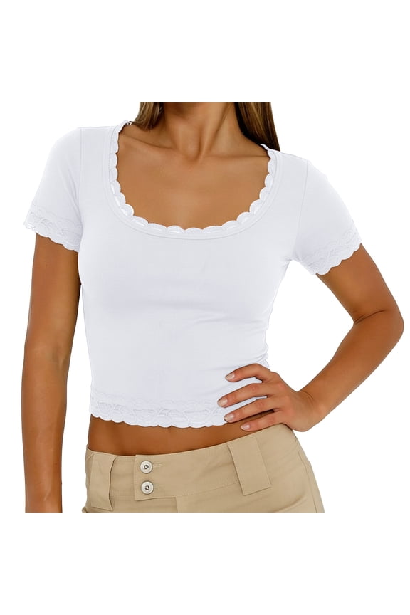 Solid Ribbed Crop Top, Women's Big Square Neck Fitted Short Sleeve Basic Shirt