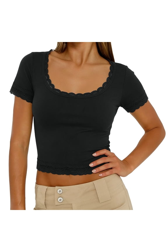 Solid Ribbed Crop Top, Women's Big Square Neck Fitted Short Sleeve Basic Shirt