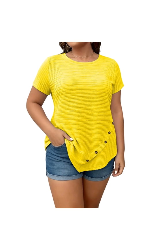 Solid Ripped Curved Hem Top, Women's Crew Neck Relaxed Short Sleeve Basic Blouse
