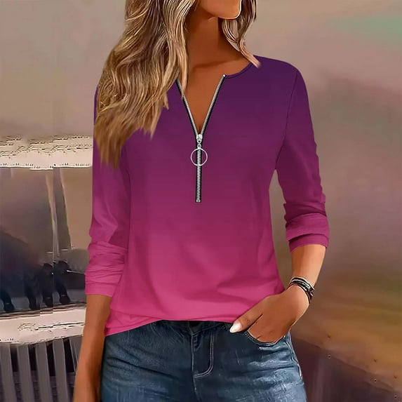 Ayfxijin Tops for Women Trendy,Fashion Women's Casual Printed Round Neck Long Sleeve T-shirt Blouse Zipper Tops