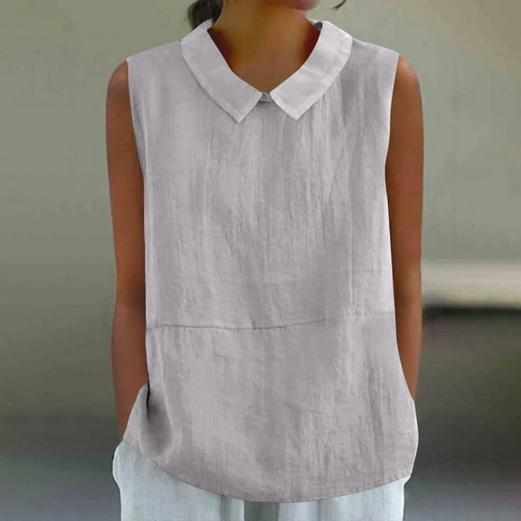 Ayfxijin Vest Tops for Women Solid Color Summer Sleeveless Linen Loose Collar Doll Collar Cute Shirt Top