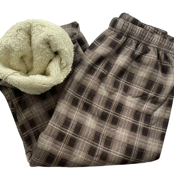 Ayfxijin Wide Leg Pants Woman,Lambskin High Waist Casual Plaid Wide Leg Pants Plus Fleece