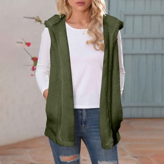 Ayfxijin Winter Coats for Women Solid Casual Tops Sleeveless Hooded Fleece Blanket Jacket With Pocket