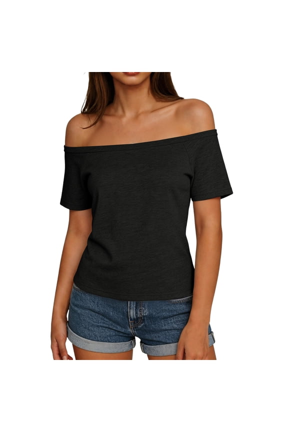 Women Soft Heather Knit Off The Shoulder Tee, Short Sleeve Slim Fitted Summer Blouses