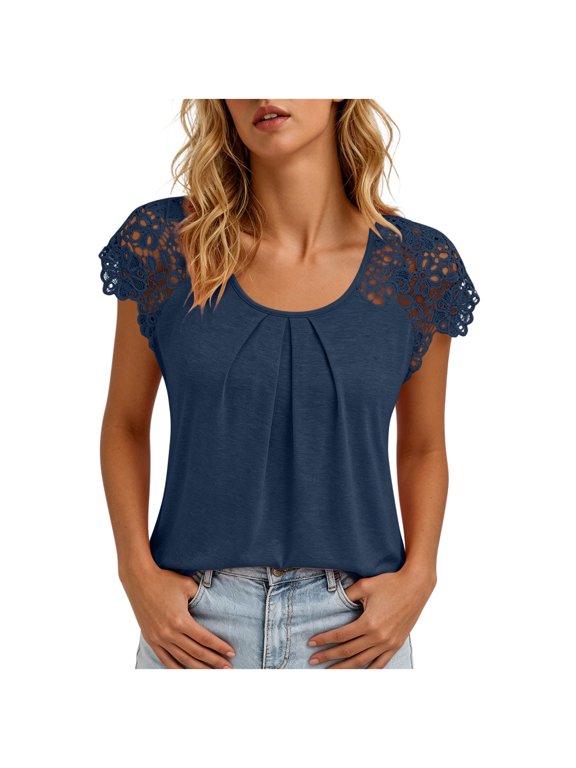 Women's Beach Casual Tee, Soft Ruched Square Neck Crochet Flutter Short Sleeve Shirt