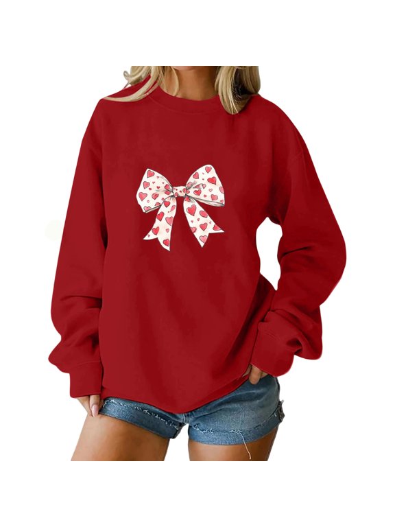 Women's Crew Neck Sweatshirt Sparkling Sequined Bow Graphic Relaxed Pullover