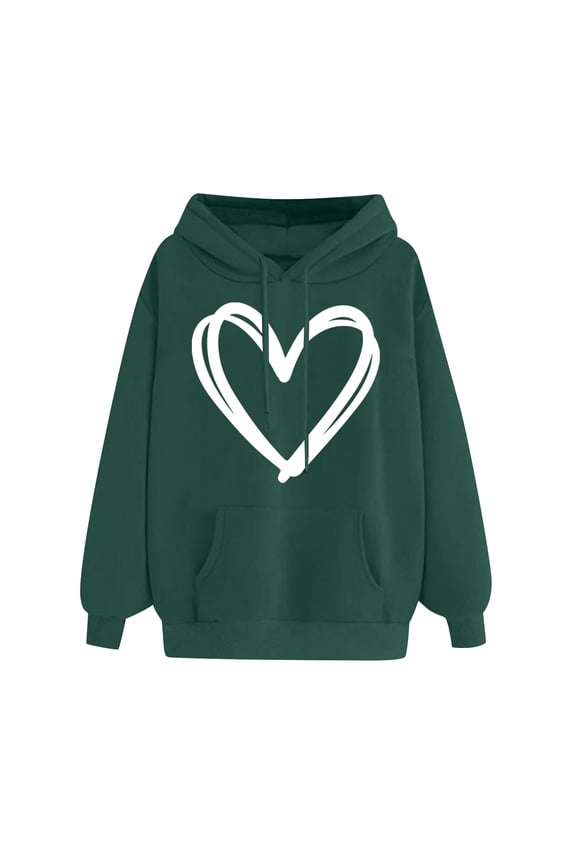 Women's Hoodies Pullover Sweater Heart Pattern Printed Hoodies Pullover Hooded Pocket Drawstring Sweater