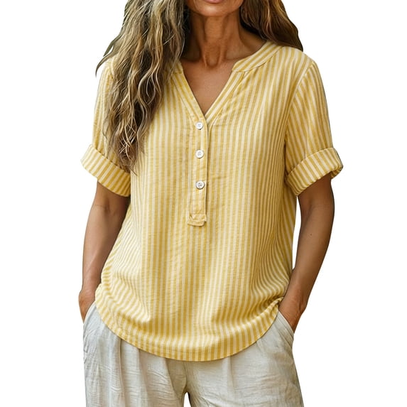 Ayfxijin Women's V-Neck Button Striped Print Shirt, Short Sleeve Linen Cotton Plus Size Blouse