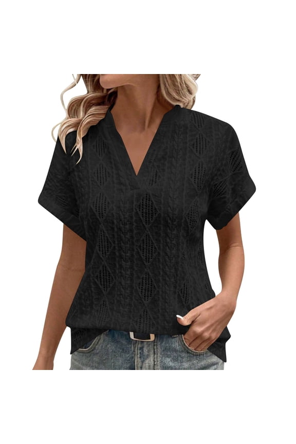 Women's V-Neck Short Sleeve Jacquard Blouse, Casual Eyelet Knit Top for Summer