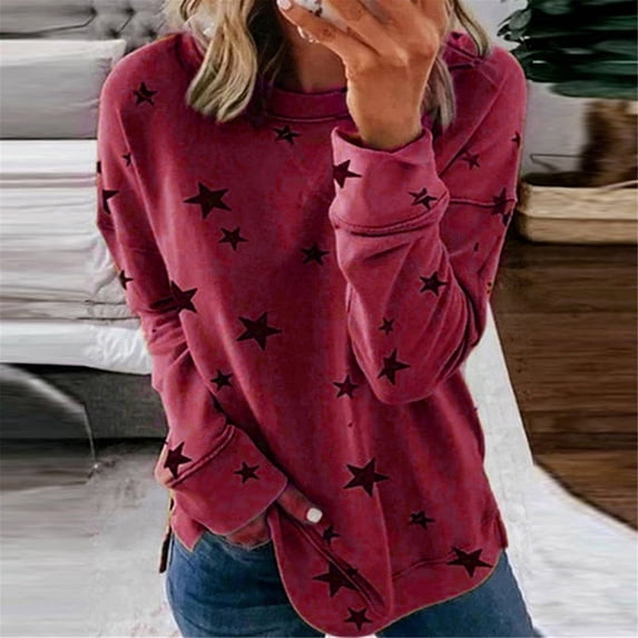 Ayfxijin Womens Fall Tops Fashion Print Long Sleeve Comfortable Breathable Round-Neck Shirt Tops