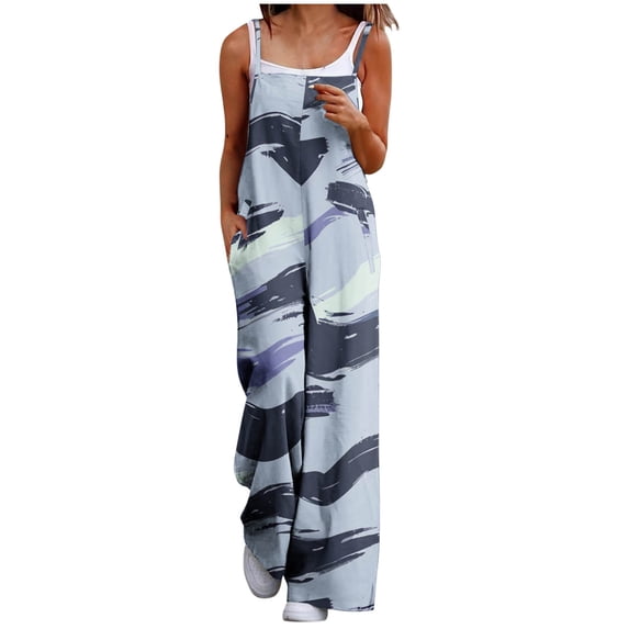Ayfxijin Work Pants Women Fashion Casual Loose Printed Pockets Sleeveless Back Strap Jumpsuit