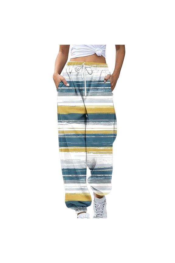 Work Pants Women Fashion Color Blocked Printed Drawstring Loose Pants