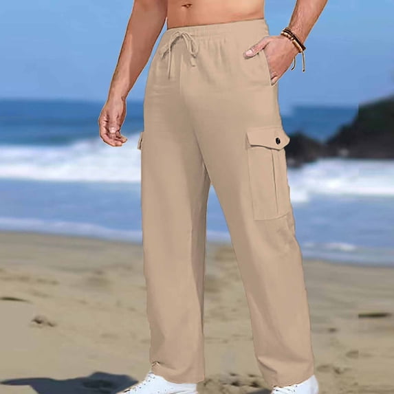 Ayfxijin Work Pants for Men,Man Fashion Leisure Solid Color Pocket Tie Rope Motion Straight Tube Trousers