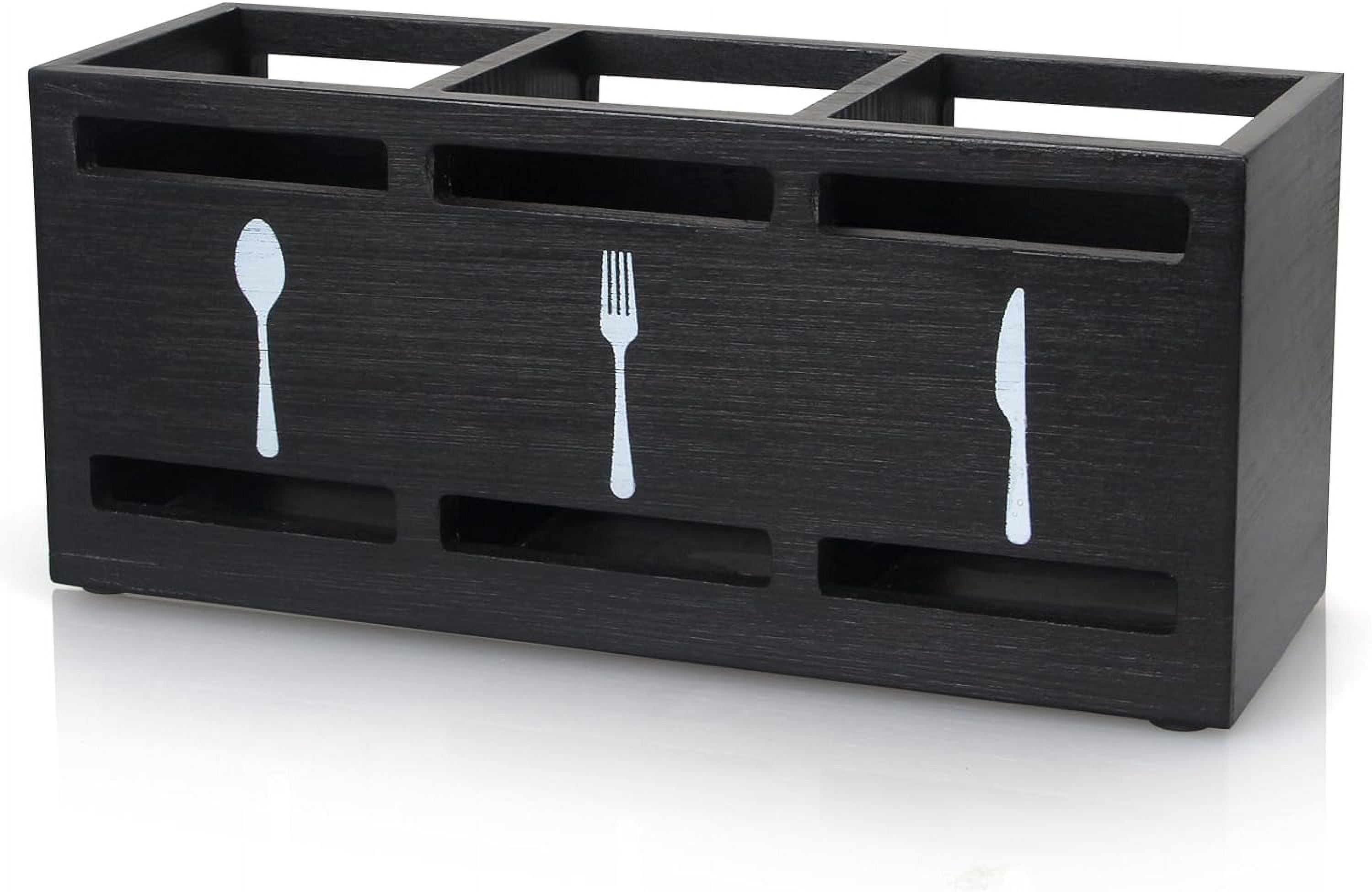 Ayiaren Wooden Silverware Caddy Flatware Cutlery Holder Wood Organizer Containers Small Black Kitchen Utensil for Countertop Spoon and Fork Utensils Party