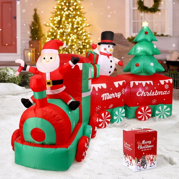Ayieyill 10.5FT Christmas Inflatables Santa Claus on The Train with Elf and Snowman Built-in Blow up Outdoor Lawn Yard Decoration Christmas Inflatable Outdoor decoration