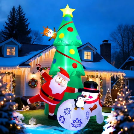 Ayieyill 10FT Inflatable Christmas Tree, Large Christmas Blow up Tree With Snowman, Santa and Snowball, Colorful Yard Decoration for Xmas Lawn