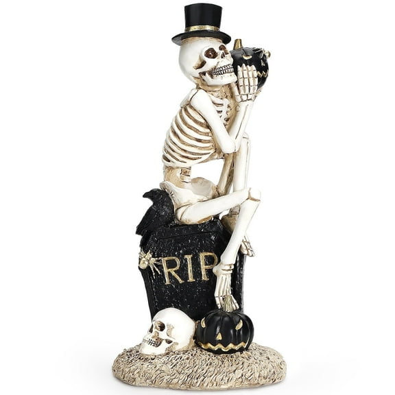 Ayieyill Halloween Skeleton Decorations, Resin Skeleton Figurines on Tombstone with Pumpkin, Skeleton for Halloween Decoration Indoor and Gothic Decor