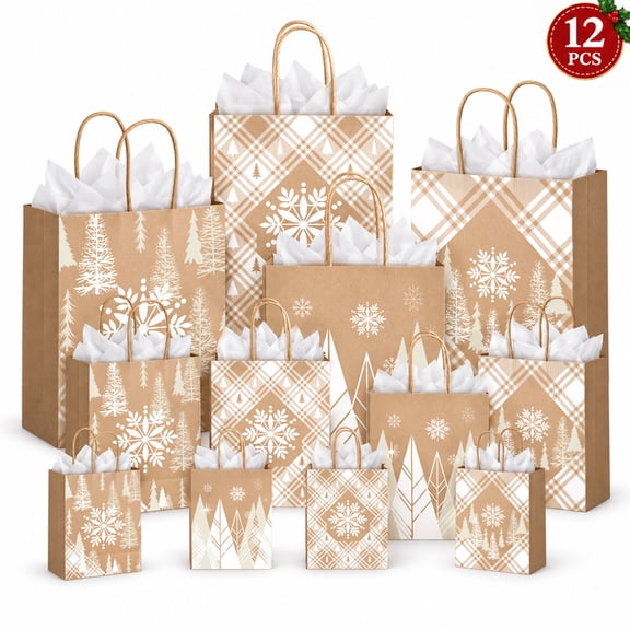Ayieyill 12pcs Christmas Themed Gift Bags with Tissue Paper, 3 Assorted Sizes Christmas Bags for Gifts, Christmas Kraft Gift Bags Bulk with Handles(Kraft Paper)