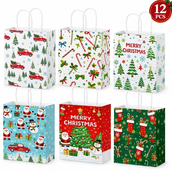 Ayieyill 12pcs Christmas Kraft Gift Bags with Handles, Christmas Treat Bags Christmas Bags for Gifts, Goodie Bags for Holiday Decor(Colorful)