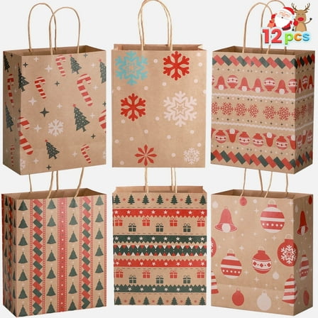 Ayieyill 12pcs Christmas Kraft Gift Bags with Handle, Christmas Paper Gift Treat Bags Bulk, Goodie Bags for Holiday Decor