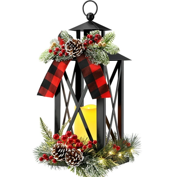 Ayieyill 15" Tall Christmas Lanterns Indoor Outdoor with LED and Ribbon, Hanging Christmas Decortions Candle Lanterns | Black