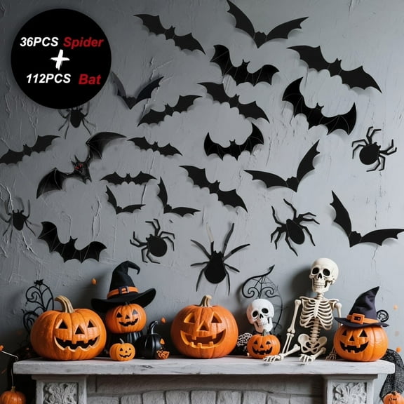 Ayieyill 148PCS Halloween Bats Stickers Decor, 3D Bats Halloween Wall Decor for Halloween Decoration indoor