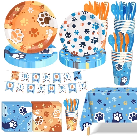 Ayieyill 170Pcs Happy Birthday Decorations Kit, Dog Birthday Party Supplies Set for 24 Guests, Includes Plates and Cups and Napkins Straws Sets